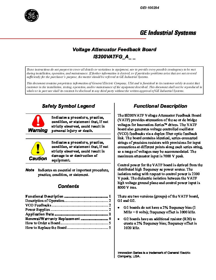 First Page Image of IS200VATFG1A GEI-100294 Voltage Attenuator Feedback Board Manual.pdf